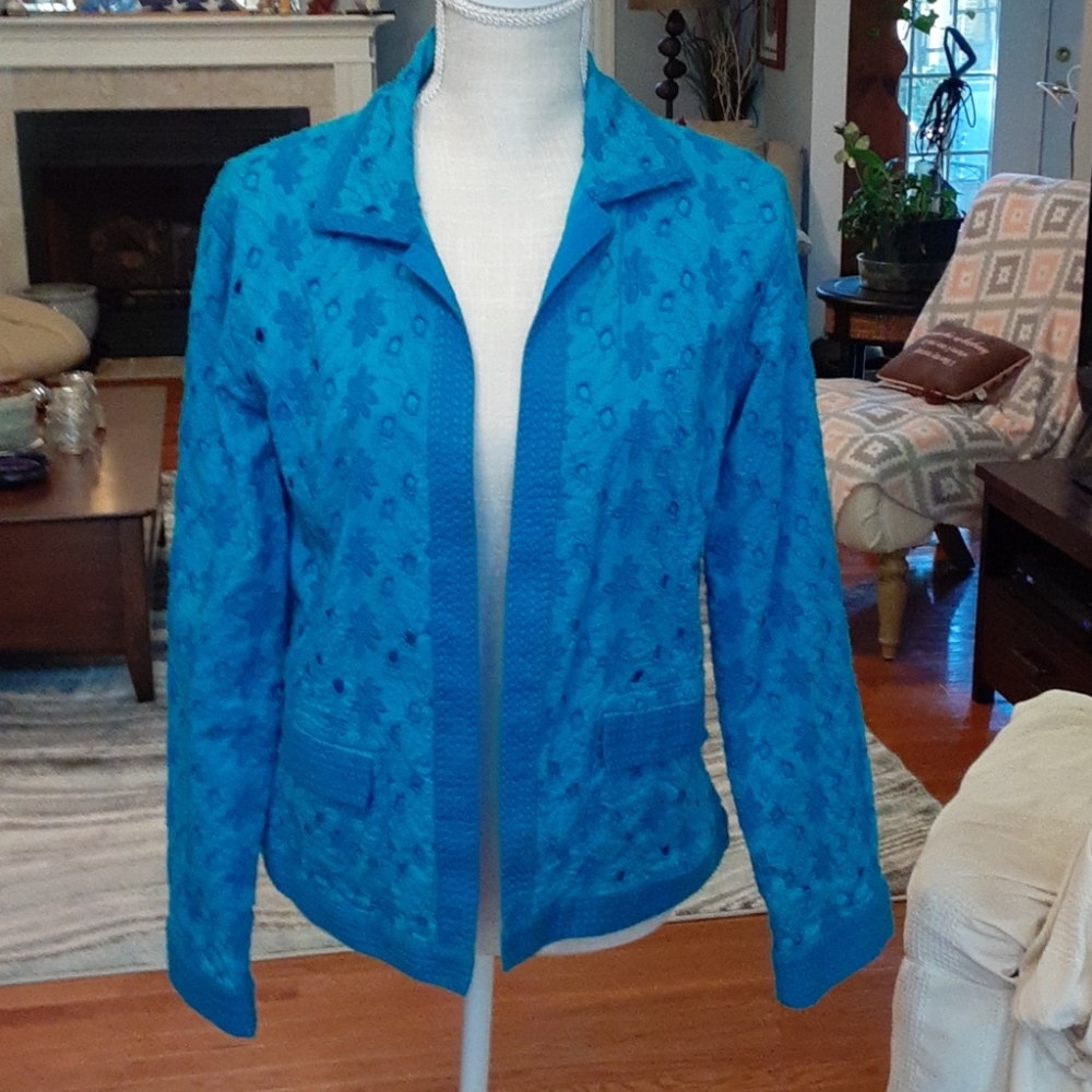 Chico's fully lined embroidery Aqua color jacket